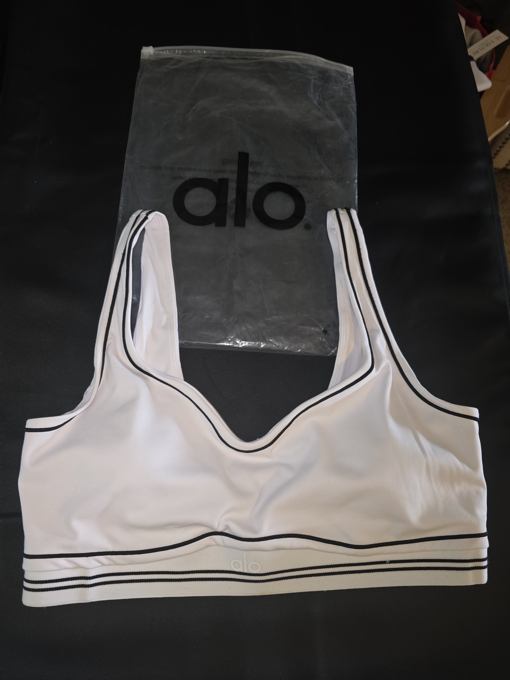 ALO Yoga White Sports Bralette with Black Piping